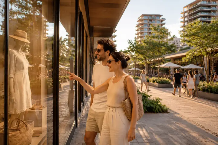 Imagem conceitual: casal olhando uma vitrine em uma rua comercial arborizada