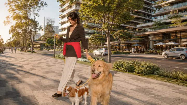 Imagem conceitual: mulher passeando com cachorros por uma calçada generosa e arborizada