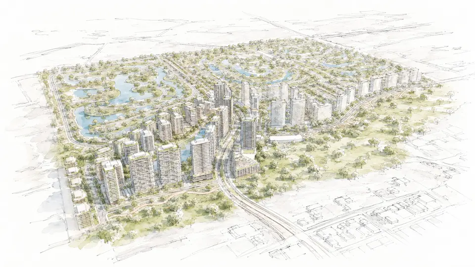 Ilustração conceitual do conjunto do Barra Norte, com edifícios, lagos e áreas verdes vistos do alto