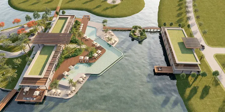 Perspectiva do Isla, em Xangri-Lá: clube sobre a água, com deques, piscina e jardins
