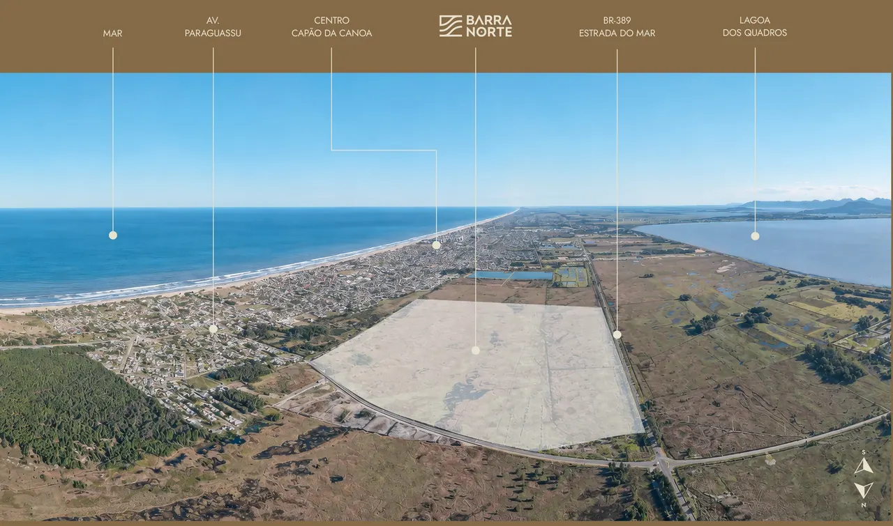 Foto aérea de Capão da Canoa com a área do Barra Norte marcada, entre o mar, a Avenida Paraguassu, o centro, a BR-389 (Estrada do Mar) e a Lagoa dos Quadros