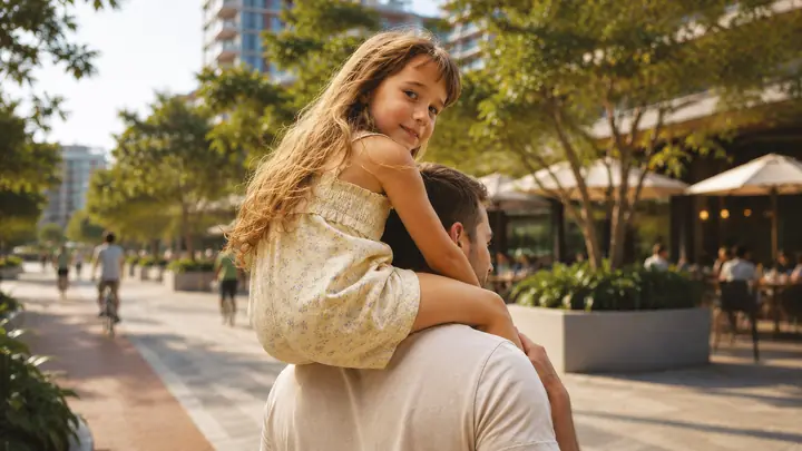 Imagem conceitual: pai com a filha nos ombros caminhando por uma calçada larga, com ciclovia e cafés
