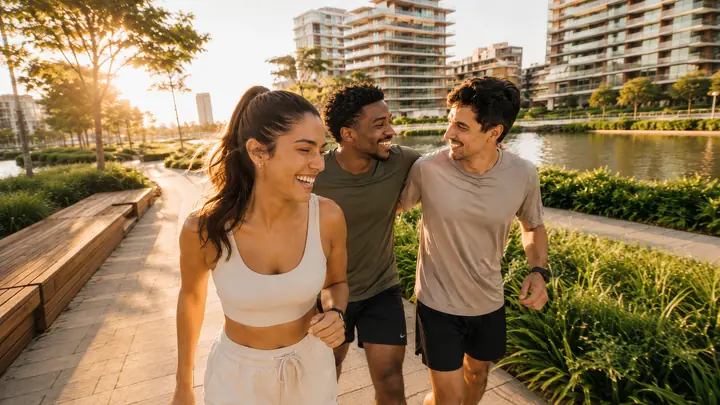 Imagem conceitual: três amigos caminhando juntos ao lado de um lago, com áreas arborizadas